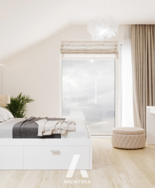 Duża sypialnia na poddaszu z białym łóżkiem kontynentalnym