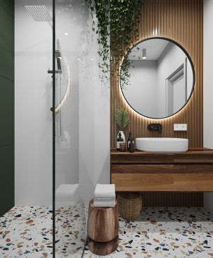 Nowoczesna łazienka w brązach i zieleniach