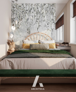 Sypialnia w stylu boho z drewnianymi żaluzjami na oknie