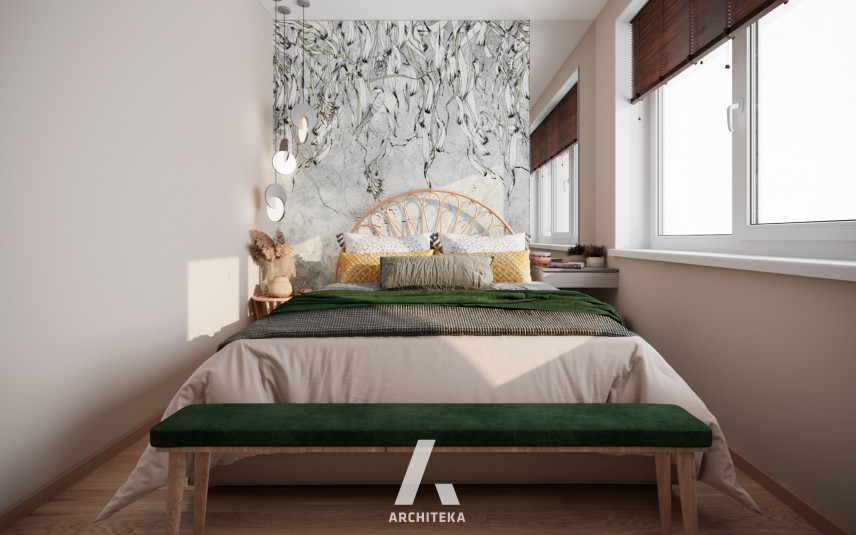 Sypialnia w stylu boho z drewnianymi żaluzjami na oknie