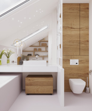 Łazienka na poddaszu z oknami z imitacją drewnianych płytek na ścianie