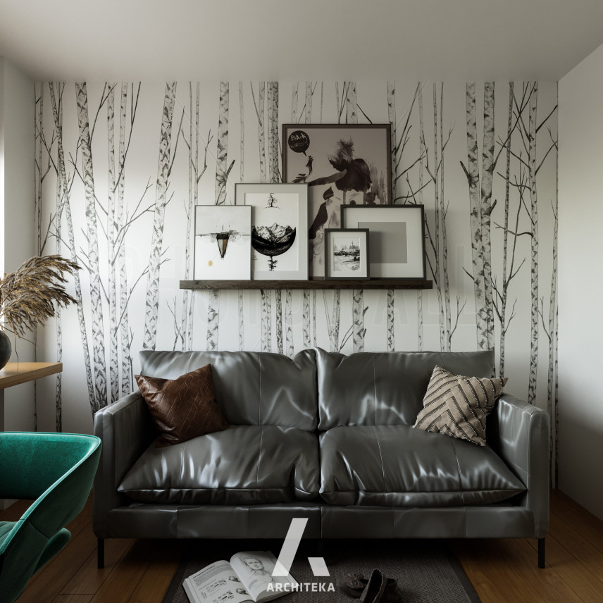 Małe biuro w domu z tapetą w brzozy na ścianie
