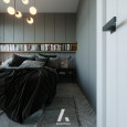 Sypialnia z szarymi meblami oraz z głęboką, drewnianą półką w ścianie