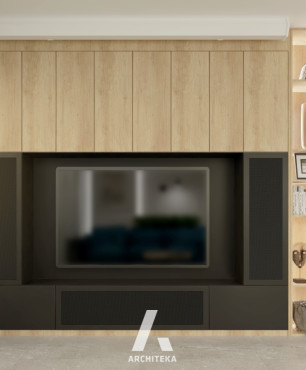 Salon z drewnianą zabudową ściany telewizyjnej