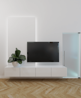 Salon z telewizorem na ścianie oraz z drewnianą podłogą w jodełkę