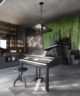 Salon z pianinem i zielenią