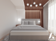 Projekt sypialni z drewnem na ścianie i suficie