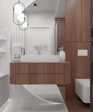 Projekt łazienki z prysznicem i imitacją drewna na podłodze i suficie