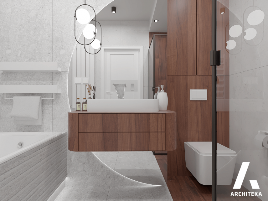 Projekt łazienki z prysznicem i imitacją drewna na podłodze i suficie