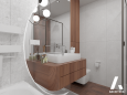 Projekt klasycznej łazienki z drewnianą szafką wiszącą
