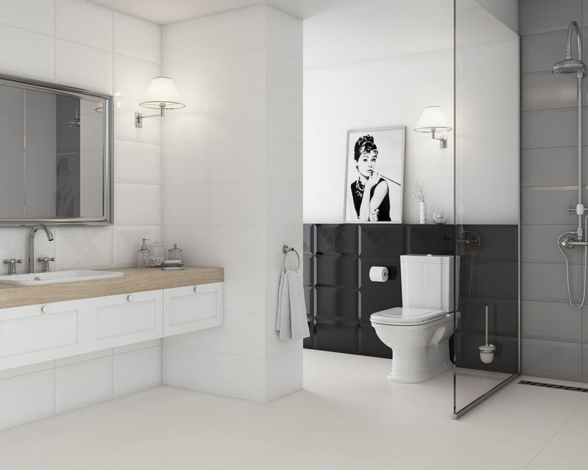 Biało-czarna łazienka z prysznicem w stylu glamour