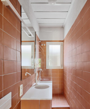 Wąska łazienka z płytkami w kolorze ceglanym