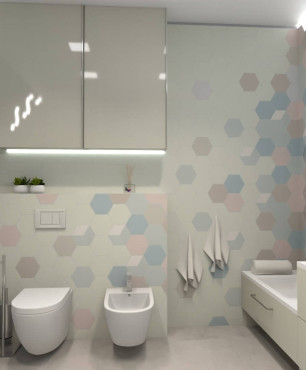 Łazienka z płytkami ze wzorem heksagonalnym z firmy Ceramika Paradyż