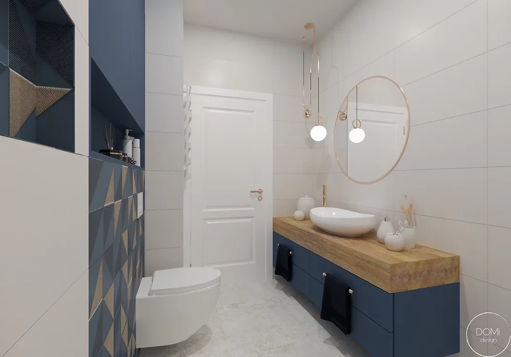 Nowoczesna łazienka z drewnem i kolorem niebieskim