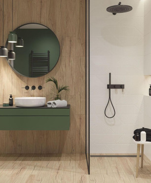 Łazienka z zieloną szafką wiszącą oraz imitacją drewnianych płytek na ścianie i podłodze