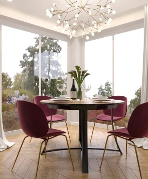 Jadalnia z oknem narożnym i okrągłym stołem