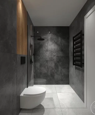 Projekt łazienki z prysznicem walk-in oraz czarnym natryskiem podtynkowym