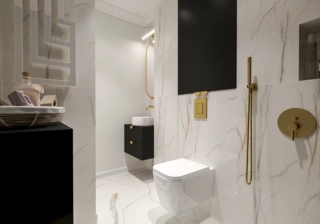 Ekskluzywna łazienka z białym gresem ze złotą żyłką na ścianie i podłodze