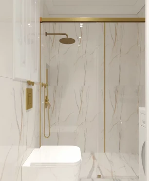 Projekt łazienki w stylu glamour z prysznicem i białymi płytkami gresowymi na podłodze i ścianie