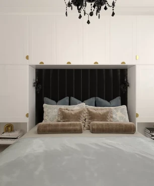 Sypialnia z meblami w zabudowie nad łóżkiem kontynentalnym