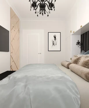 Sypialnia z czarnym żyrandolem i dużym łóżkiem kontynentalnym