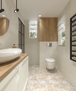 Łazienka w stylu skandynawskim z prysznicem i małym oknem