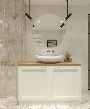 Łazienka z prysznicem i białą szafką stojącą z drewnianym blatem
