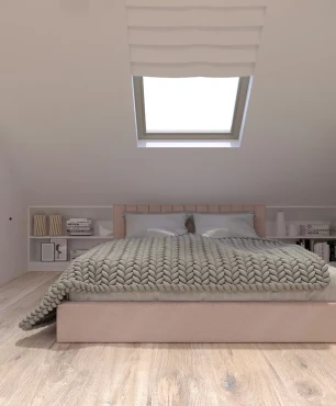 Sypialnia z szafą w zabudowie ze szklanym frontem oraz oknem sufitowym