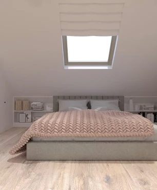 Sypialnia z dużym łóżkiem kontynentalnym oraz oknem sufitowym
