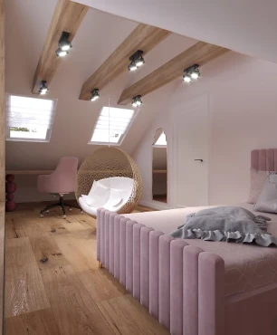 Adaptacja sypialni na poddaszu z drewnianymi belami