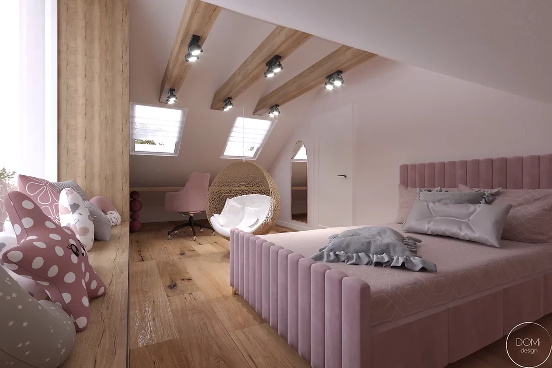 Adaptacja sypialni na poddaszu z drewnianymi belami