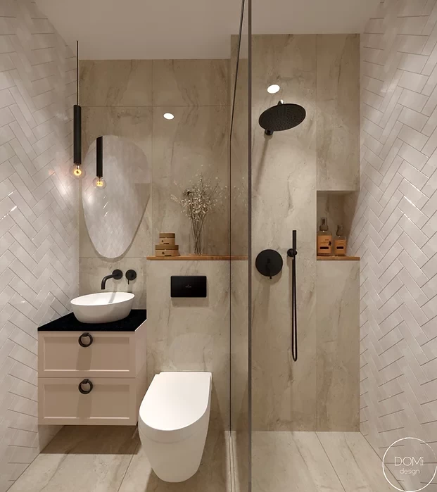 Łazienka z płytkami z imitacją betonu oraz prysznicem walk-in