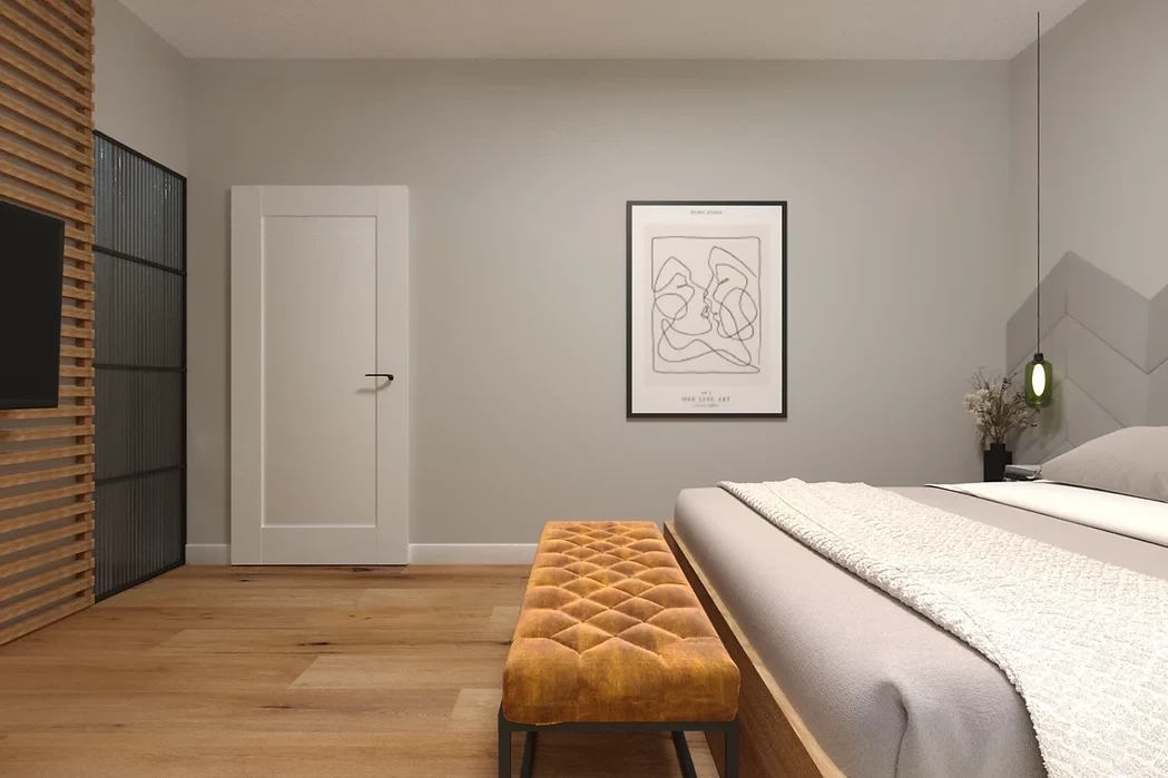 Sypialnia z drewnem na ścianie oraz telewizorem