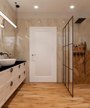 Projekt łazienki z wanną ceramiczną i prysznicem walk-in oraz szafką z czarnym blatem