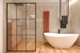 Projekt łazienki z owalną wanną ceramiczną oraz prysznicem walk-in