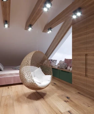 Projekt sypialni o dużej powierzchni z krzesłem wiszącym