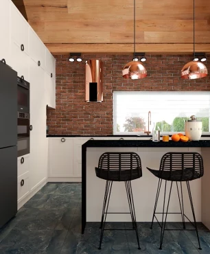 Projekt kuchni z drewnem i cegłą na ścianie