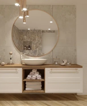 Projekt nowoczesnej łazienki z białą szafką wiszącą z drewnianym blatem oraz z białą ażurową szafą