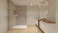 Projekt dużej łazienki z beżowymi płytkami na ścianie oraz z imitacją drewnianych na podłodze