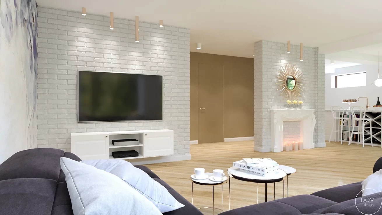 Salon z białą cegłą na ścianie oraz jasną wzorzystą tapetą