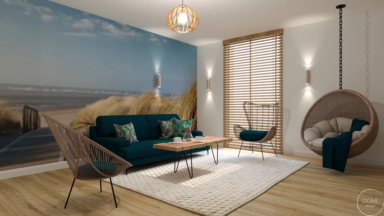 Salon z fototapetą z motywem morza na ścianie