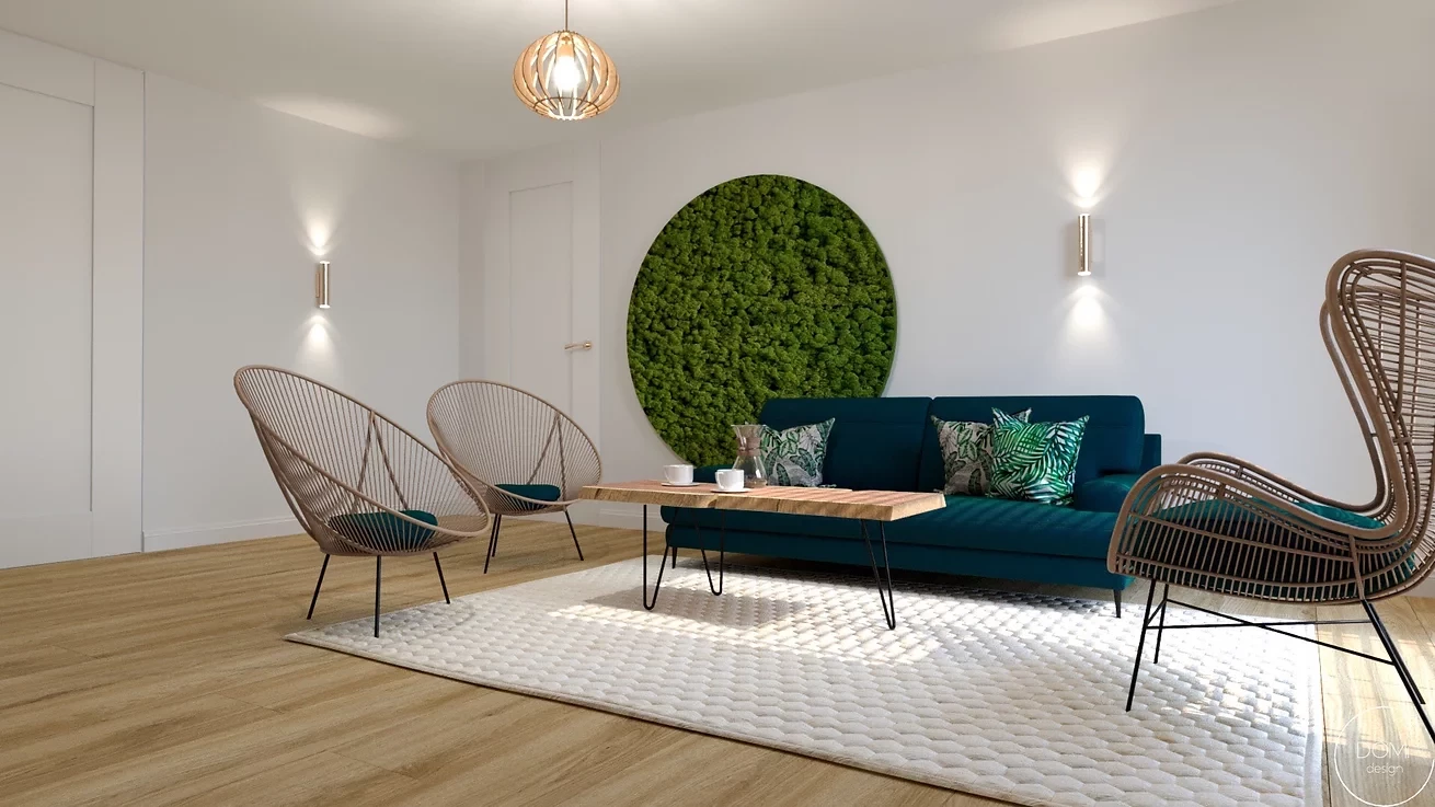 Nowoczesny salon z zieloną sofą oraz ogrodem wertykalnym na ścianie