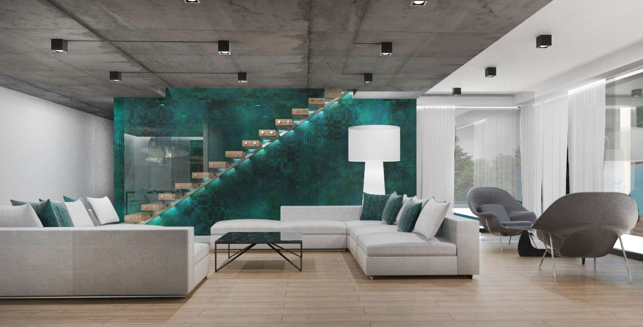 Salon w stylu loft z sufitem z betonu architektonicznego