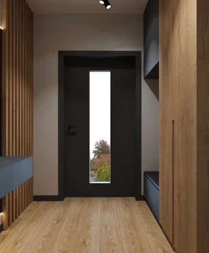 Nowoczesny korytarz z drewnianą szafą