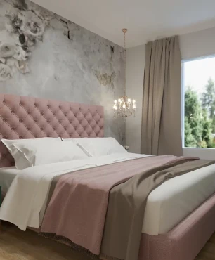 Kobieca sypialnia z tapicerowanym łóżkiem