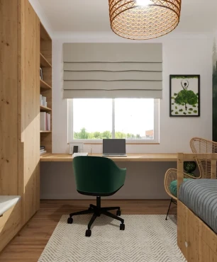 Projekt małego biura w mieszkaniu z tapetą z motywem lasu na ścianie