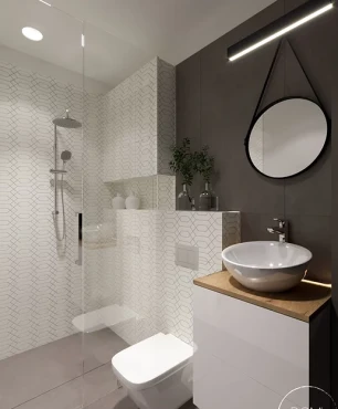 Projekt łazienki z prysznicem walk-in z szarymi płytkami na podłodze