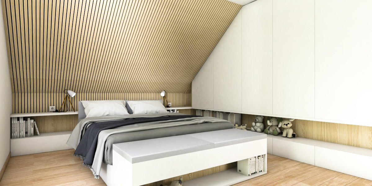 Sypialnia na poddaszu z lamelem ściennym oraz półkami w ścianie