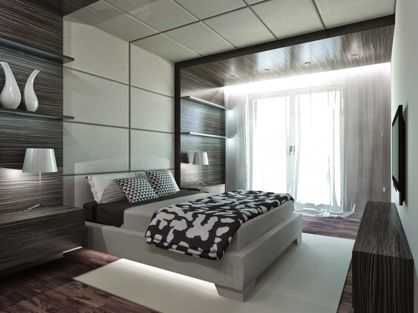Sypialnia z nowoczesnymi elementami na suficie i ścianie