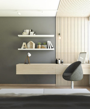 Sypialnia z drewnianym biurkiem zaprojektowanym wedle swojego pomysłu